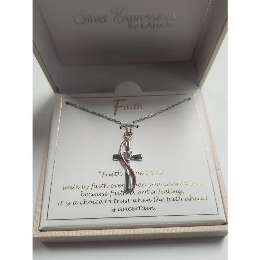 Two-Tone Faith Cross Necklace in Silver and Rose Gold Fine Silver Plated
